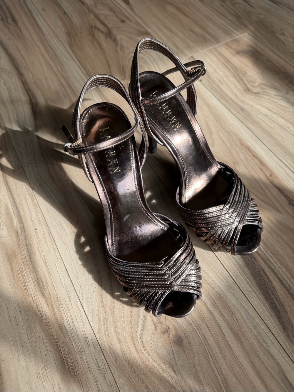 Lauren Ralph Lauren Metallic Bronze Strappy Peep-Toe Heels